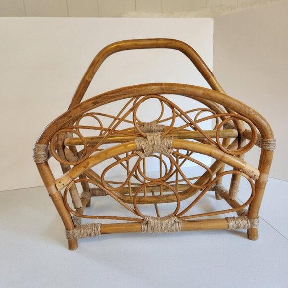 Vintage Bamboo Book Storage Basket Magazine Rack 1970s 70s Boho Home Decor Hippy - Picture 4 of 9